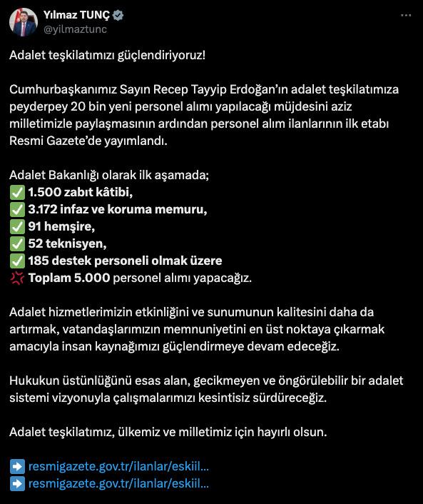Adalet Bakanı Yılmaz Tunç'un paylaşımı