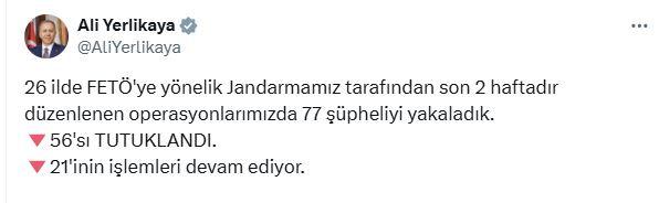 İçişleri Bakanı Ali Yerlikaya'nın yaptığı paylaşım