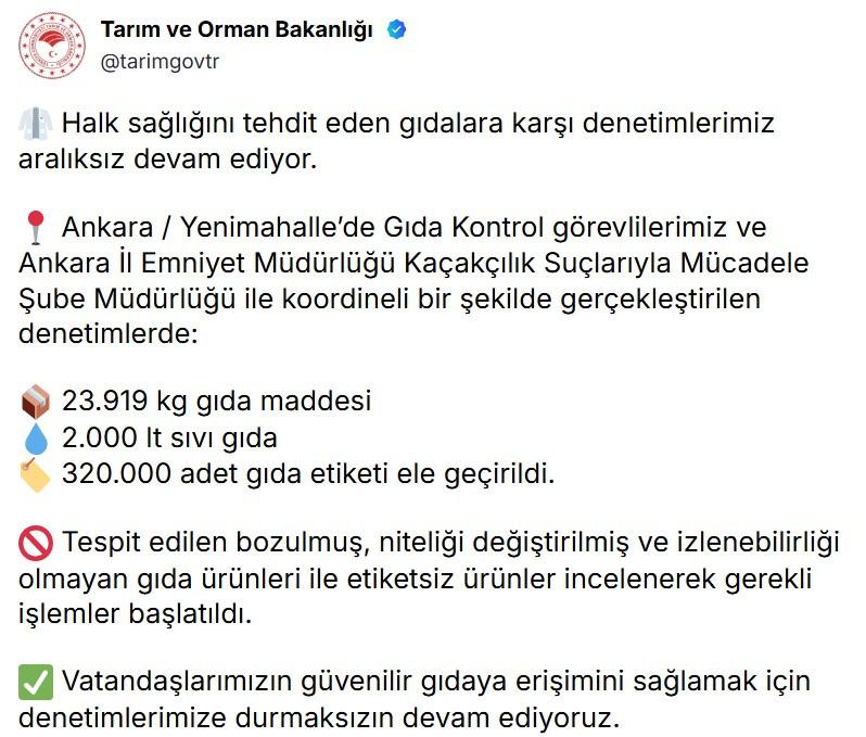 Tarım ve Orman Bakanlığı’nın paylaşımı