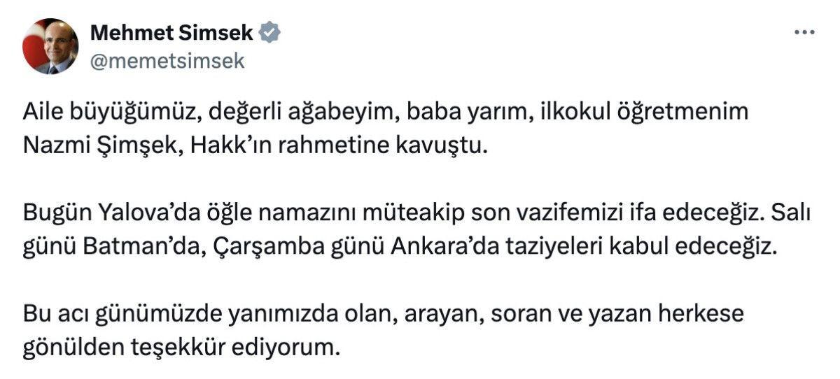 Mehmet Şimşek'in ağabeyi ile ilgili paylaşımı