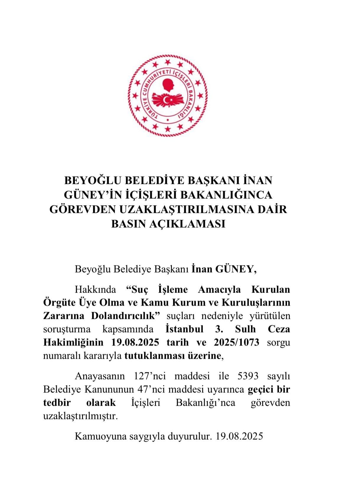 İçişleri Bakanlığı'nın İnan Güney'in görevden uzaklaştırıldığına dair açıklaması