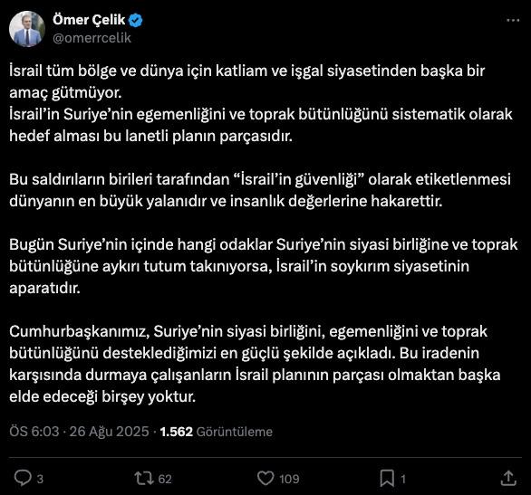 AK Parti Sözcüsü Ömer Çelik'in paylaşımı