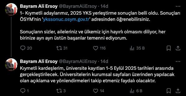 ÖSYM Başkanı Bayram Ali Ersoy'un paylaşımı 