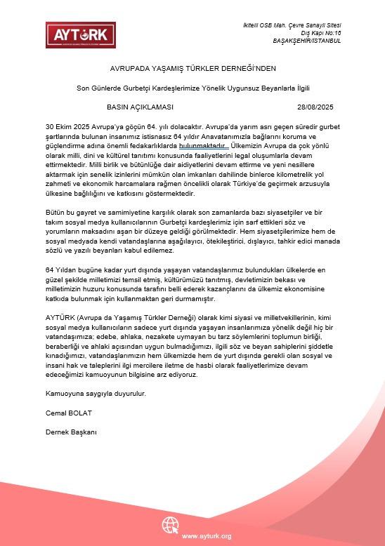 AYTÜRK tarafından yapılan yazılı açıklama
