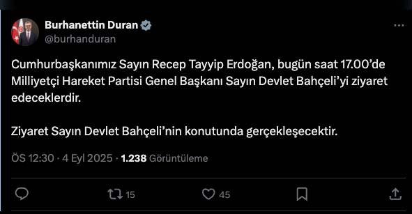İletişim Başkanı Burhanettin Duran'ın görüşmeye dair X'ten yaptığı paylaşımı