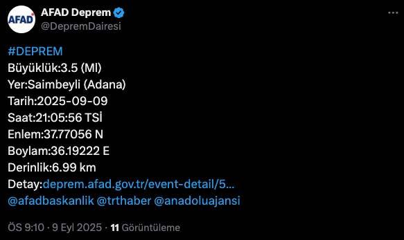 AFAD'ın Adana'nın Saimbeyli ilçesinde meydana gelen 3,5'lik deprem bildirimi