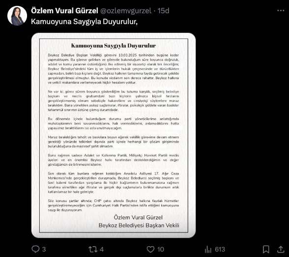 Özlem Vural Gürzel'ın X hesabından yaptığı paylaşım