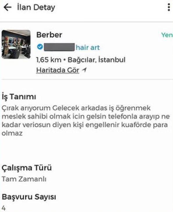 “İstanbul Bağcılar’da bir berberin çırak aradığı ilan. İlanda ‘Kuaförde para olmaz, ne kadar veriyorsun diyen engellenir’ ifadeleri yer alıyor.”