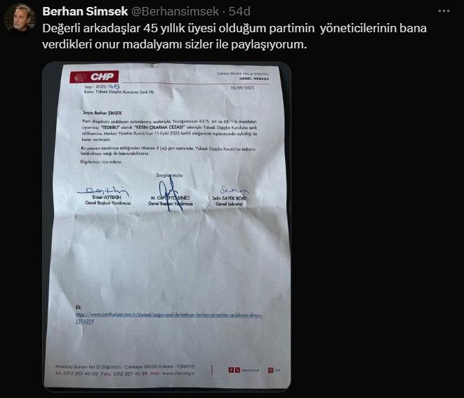 Cumhuriyet Halk Partisi (CHP) Gürsel Tekin ile birlikte açıklama yapan eski İstanbul İl Başkanı Berhan Şimşek'i ihraç istemiyle Disiplin Kurulu'na sevk etti. 