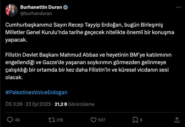 İletişim Başkanı Duran'ın, Cumhurbaşkanı Erdoğan'ın yapacağı tarihi konuşmasını duyurduğu paylaşım.