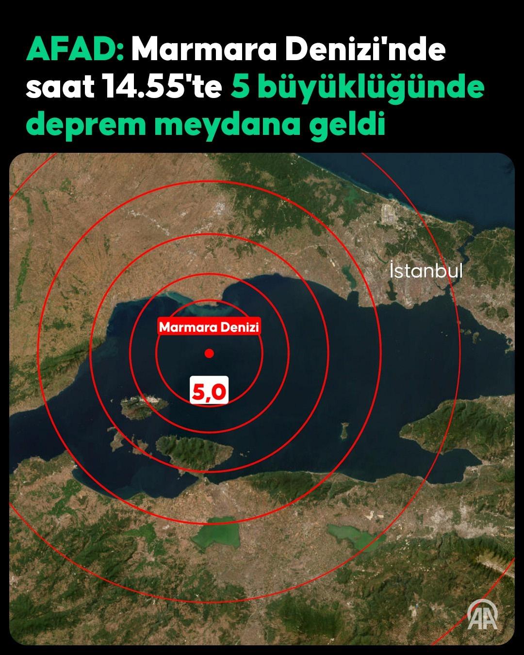 AFAD: Marmara Denizi'nde saat 14.55'te 5 büyüklüğünde deprem meydana geldi.