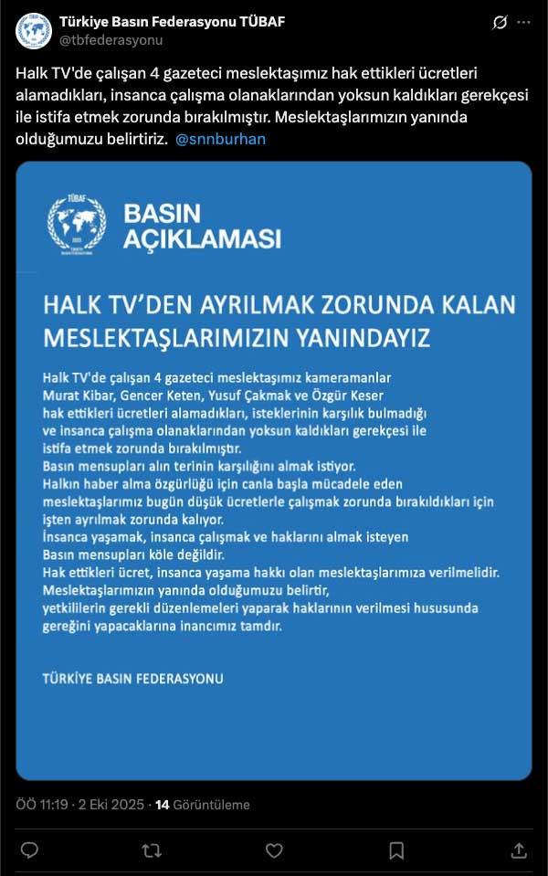 Türkiye Basın Federasyonu'nun (TÜBAF) Halk TV'de çalışan 4 gazeteci için yaptığı yazılı açıklamanın X paylaşımı.