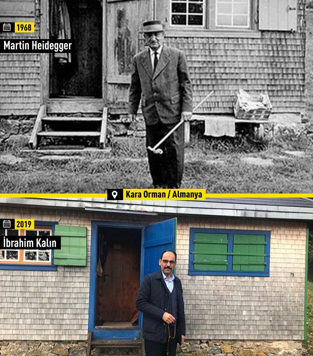 Martin Heidegger'in 1968 yılında kulübesinin önünde çekilmiş fotoğrafı ve İbrahim Kalın'ın 2019'daki ziyaretinden bir kare