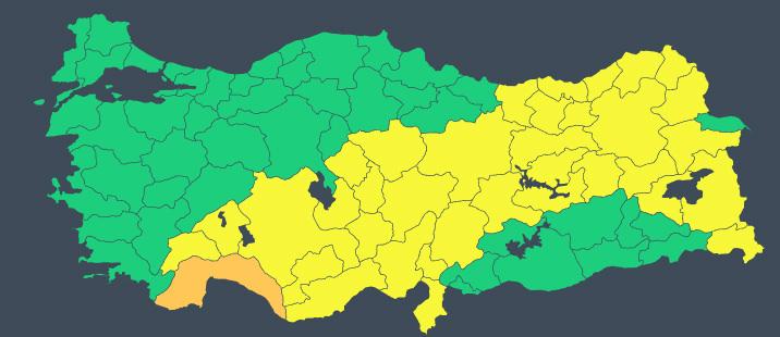 Uyarı verilen illerin haritası