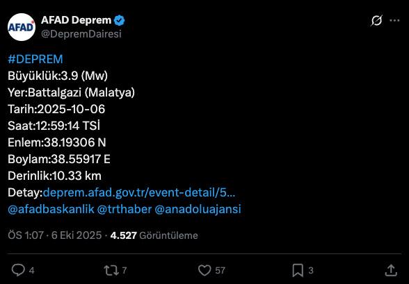AFAD'ın X hesabından yaptığı Malatya Battalgazi'deki 3,9 büyüklüğündeki deprem paylaşımı