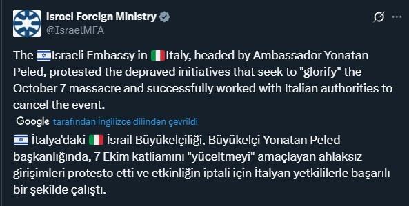 İsrail Dışişleri Bakanlığı'nın İtalya'daki 7 Ekim gösterilerini engellemesine yönelik X paylaşımı