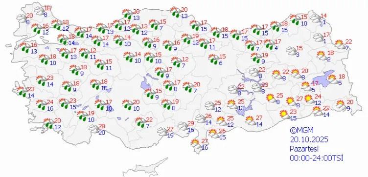 20 EKİM PAZARTESİ HAVA DURUMU
