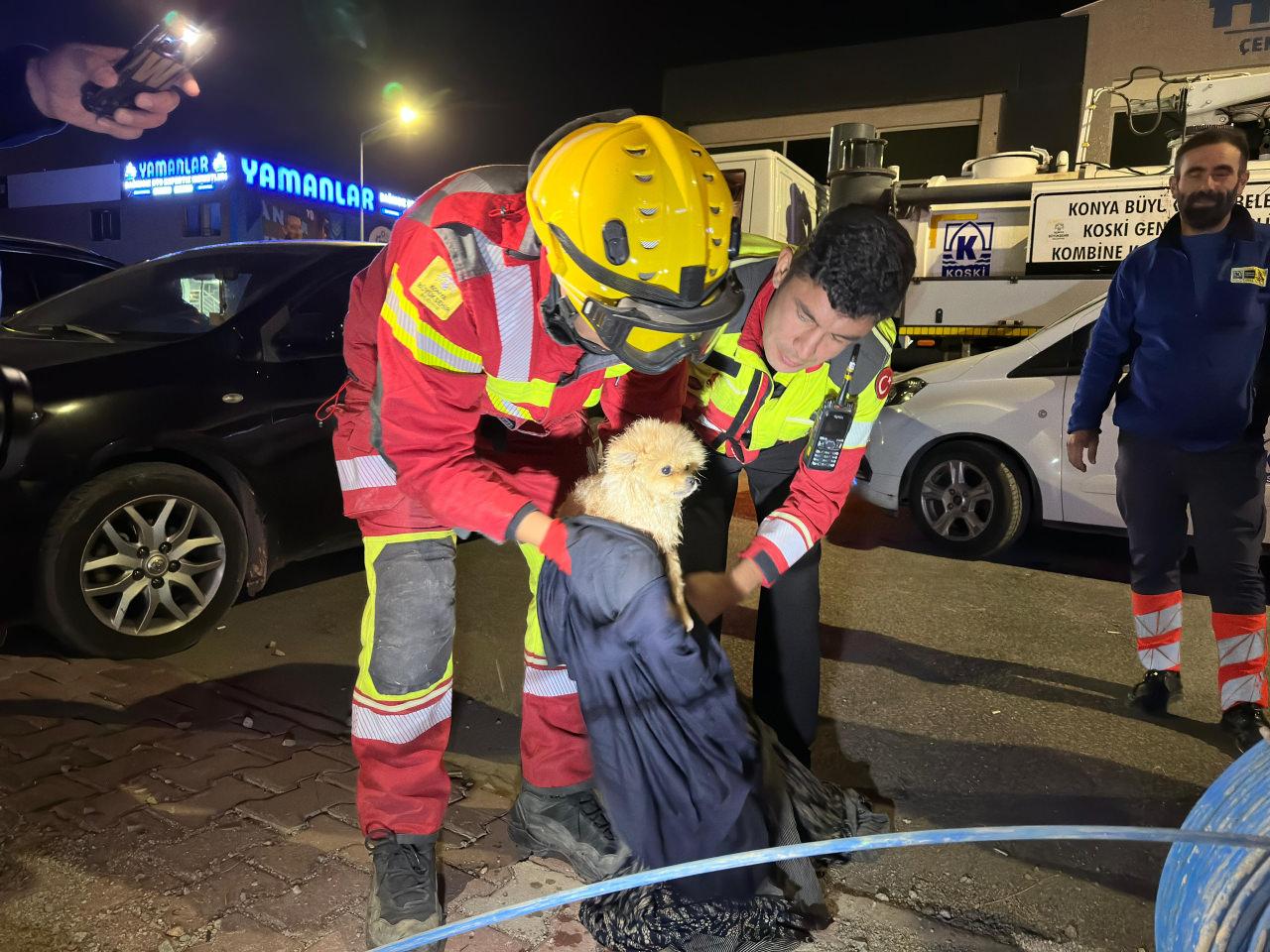 Ekipler tarafından kurtarılan sütlaç isimli köpek. 