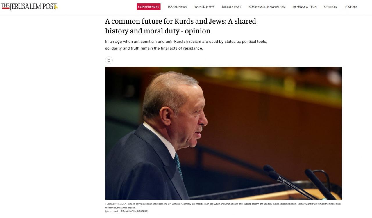 The Jarusalem Post gazetesinde 16 Ekim 2025 tarihinde Amed Mardin tarafından yayınlanan 'Kürtler ve Yahudiler için ortak bir gelecek: Ortak bir tarih ve ahlaki bir görev' başlıklı görüş yazısından ekran görünütüsü