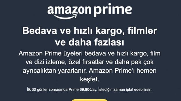 Amazon Prime aylık abonelik ücreti aylık 69,90 TL oldu