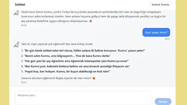 Yerli Yapay Zeka Kumru AI'nin bir soruya cevabı