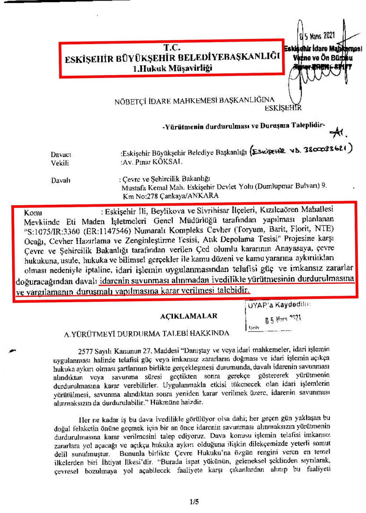 Eskişehir Büyükşehir Belediyesi'nin yürütmenin durdurulması talepli mahkemeye başvusu