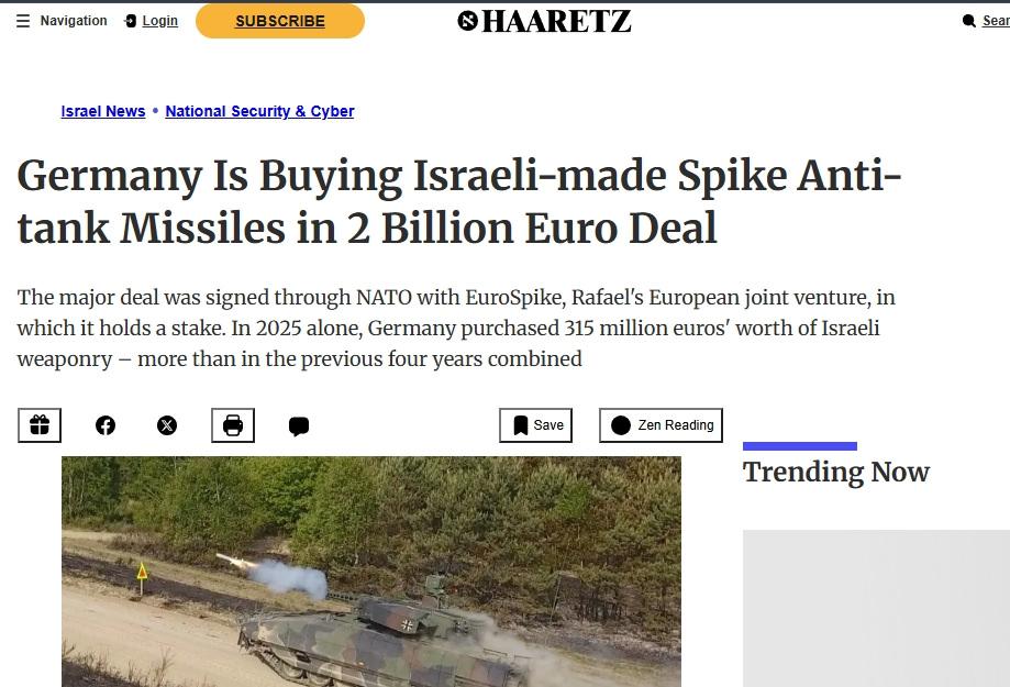 Haaretz Gazetesi'nin Almanya'nın İsrail'den 2 milyon avroluk Spike füzesi aldığını açıklayan haberin ekran görüntüsü