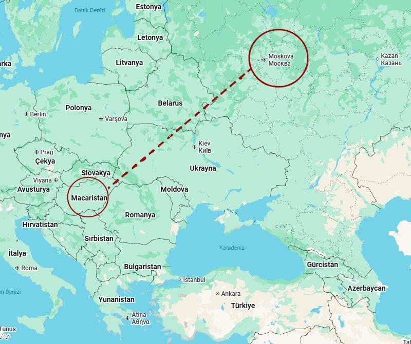 Moskova ve Macaristan arasındaki mesafeyi gösteren harita