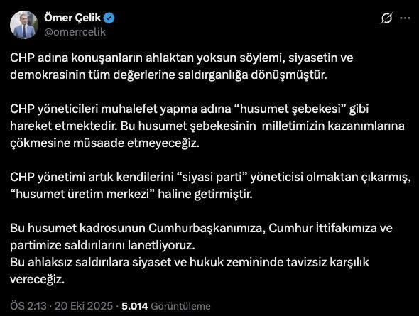 AK Parti Sözcüsü Ömer Çelik'in X'ten yaptığı paylaşımı