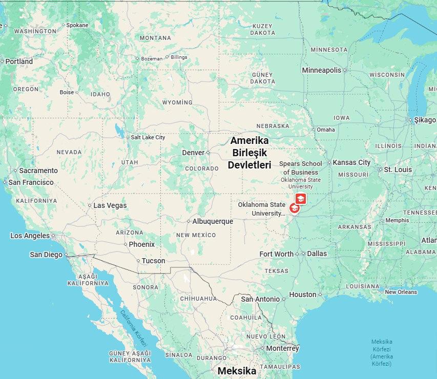Oklahoma Eyalet Üniversitesi'nin konumunu gösteren ABD haritası (Kaynak Google Maps)