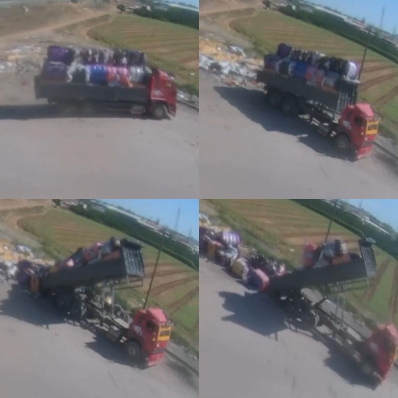 Tekstil atıklarının sahil kenarına döküldüğü anlar güvenlik kamarasına yansıdı.