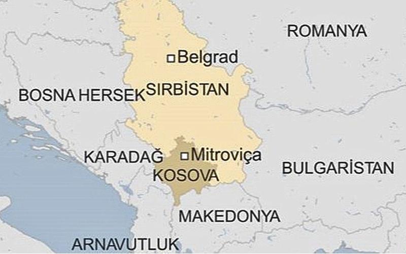 Sırbistan ve Kosova'yı gösteren harita