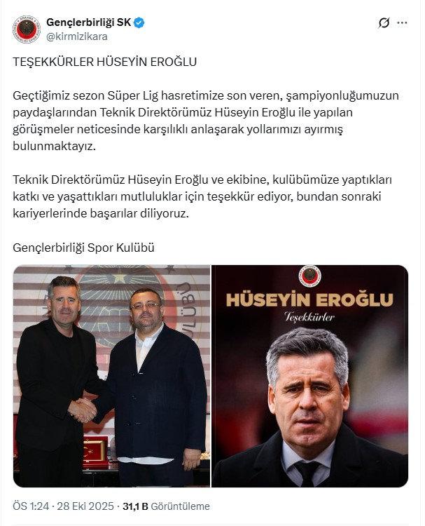 Gençlerbirliği'nin ABD merkezli X platformu üzerinden yayınladığı gönderi.