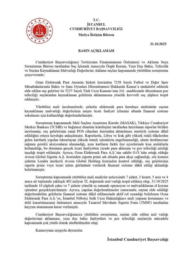 İstanbul Cumhuriyet Başsavcılığı'ndan operasyon açıklaması