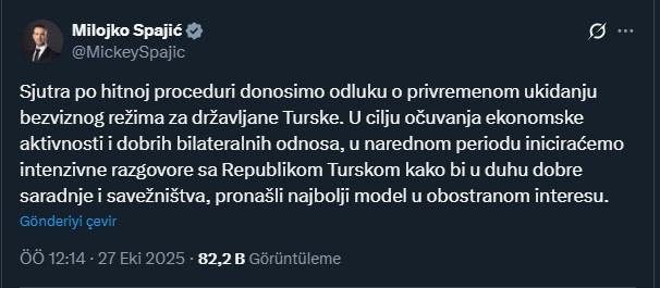 Karadağ Başbakanı Milojko Spajic'in Türk vatandaşlarına yönelik vize kısıtlaması uygulamasını duyurduğu X gönderisinden ekran görüntüsü
