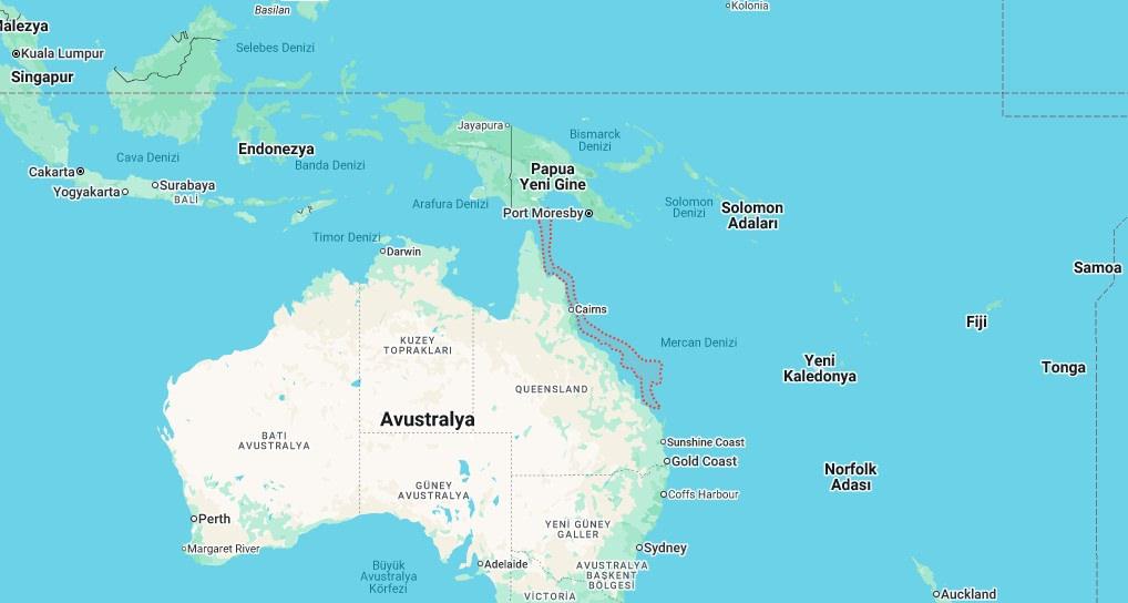 Avustralya açıklarındaki Büyük Set Resifi'nin yerini gösteren harita (Kaynak: Google Maps)