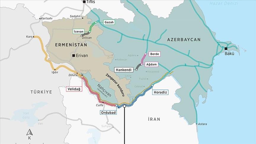 Türkiye-Ermenistan-Azerbaycan bölgesel ulaşım yolunu gösteren harita (Kaynak: AA)