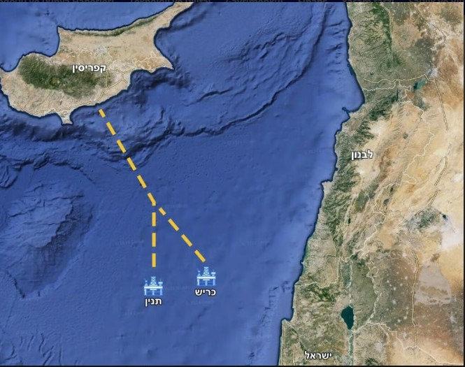 Karish ve Tanin açık deniz platformlarından Kıbrıs'a uzanan doğal gaz boru hattının güzergâhı