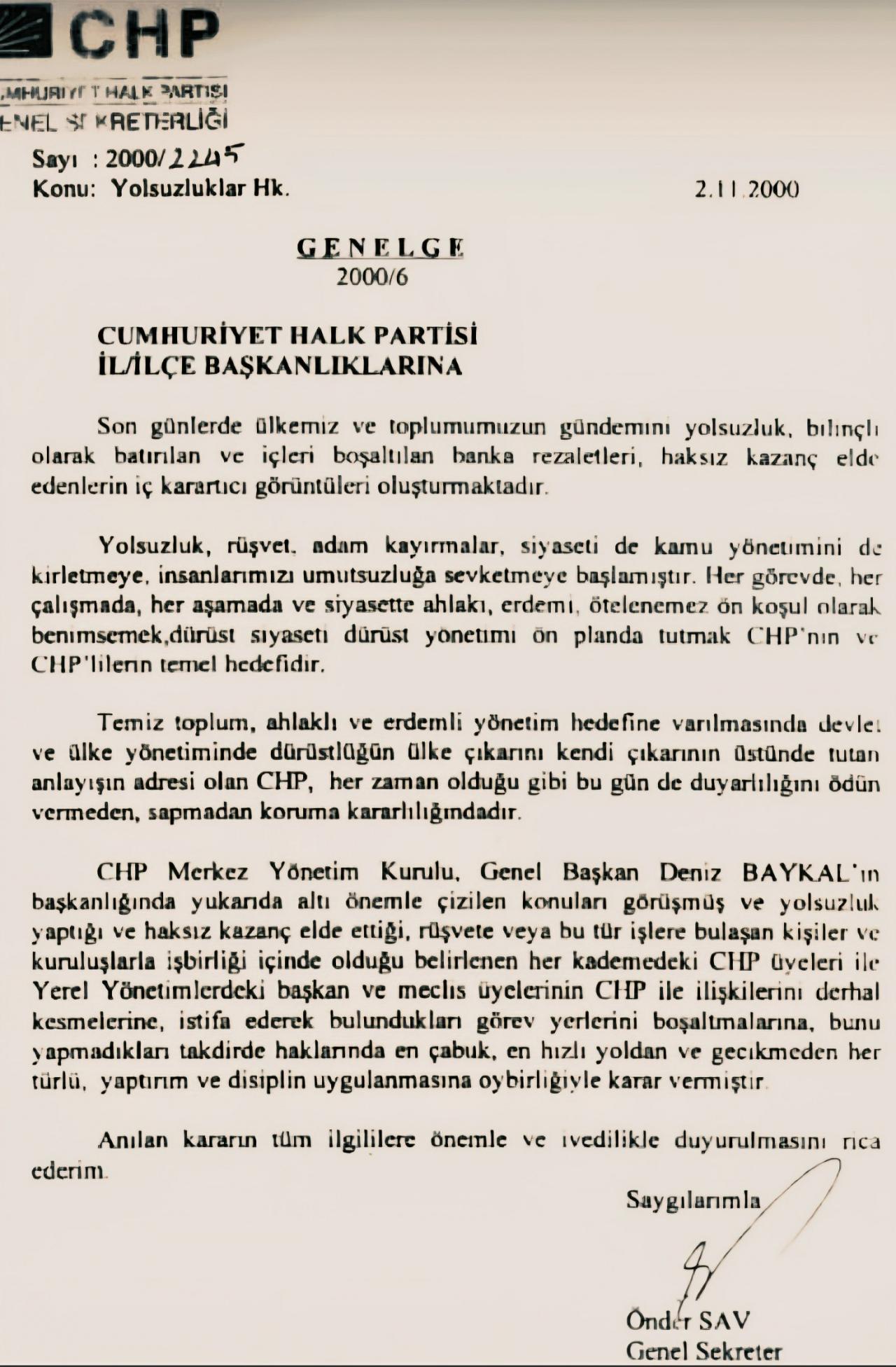 2 Kasım 2000 tarihli yolsuzluk genelgesi