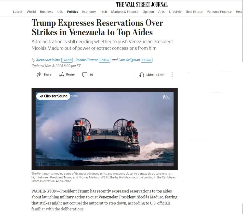 The Wall Street Journal'da yayınlanan ve Trump'ın Venezuela konusunda seçeneklerinin değerlendirildiği haberin ekran görüntüsü