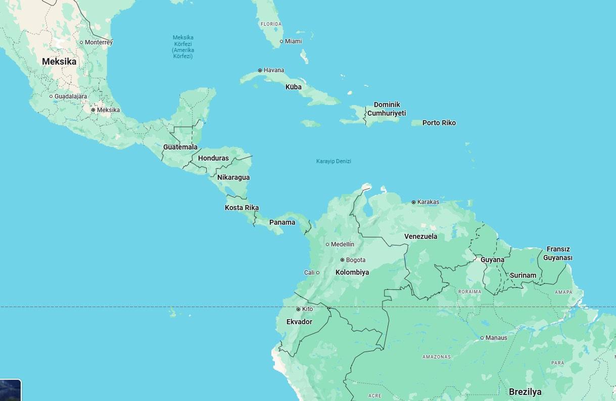 Karayipler Denizi ve etrafındaki ülkeleri gösteren harita (Kaynak: Google Maps)