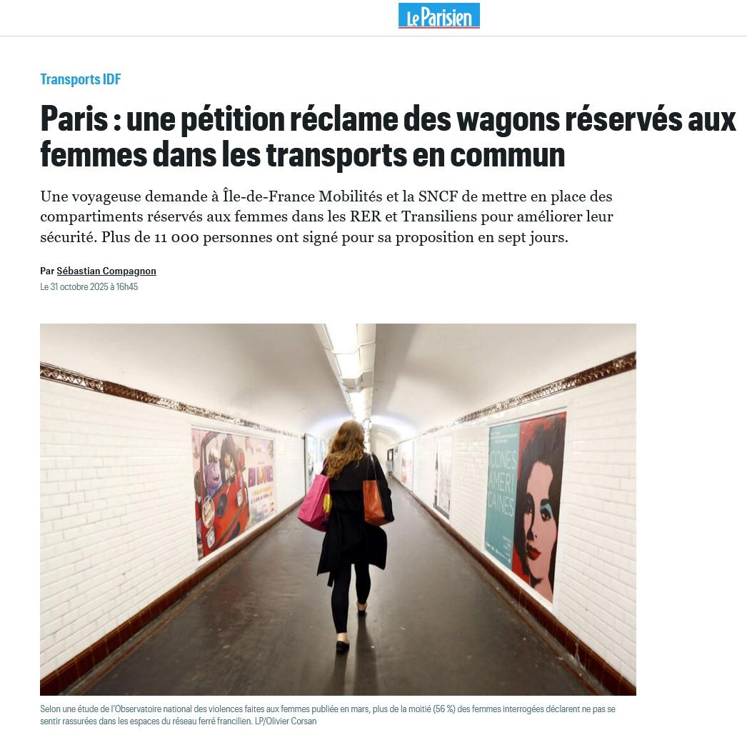 Le Parisien gazetesinin web sayfasında yer alan kadınlara özel vagon talebi haberi