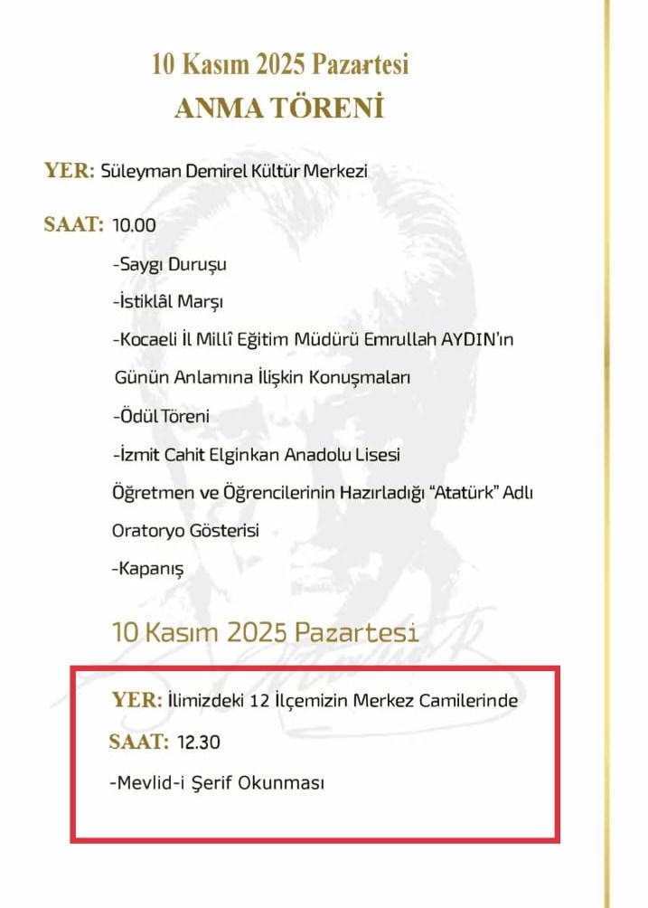 10 Kasım programı kapsamında Kocaeli'deki camilerde Mevlid okutulmasına ilişkin resmi bildiri