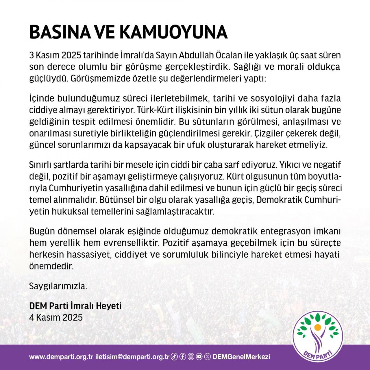 İmralı heyetinin terör örgütü elebaşı Abdullah Öcalan ile görüşmesinin ardından DEM Parti'den yapılan açıklama