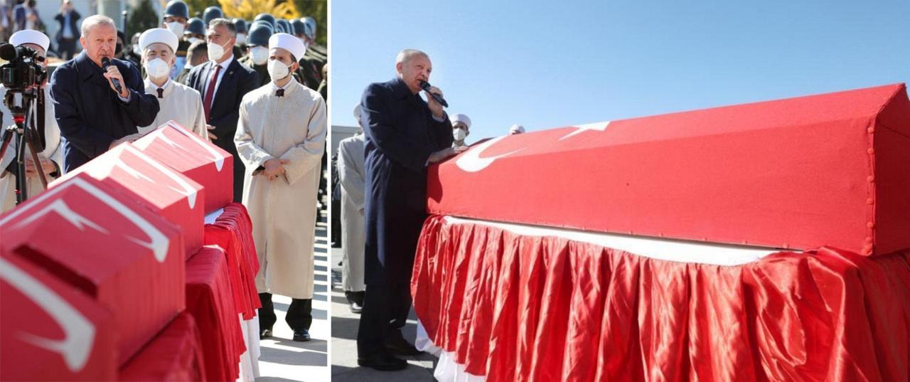 Başkan Erdoğan’ın iştirak ettiği şehit cenazelerinde de ‘altın varaklı tabut çıtası’ şeklinde özel bir uygulama yer almıyor.