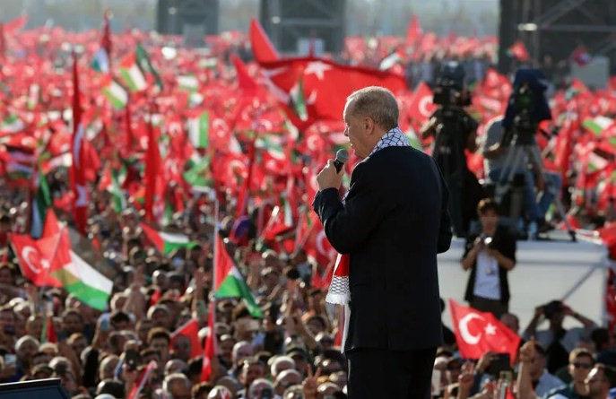 Cumhurbaşkanı Recep Tayyip Erdoğan, Filistin için düzenlenen bir mitingde konuşma yapıyor