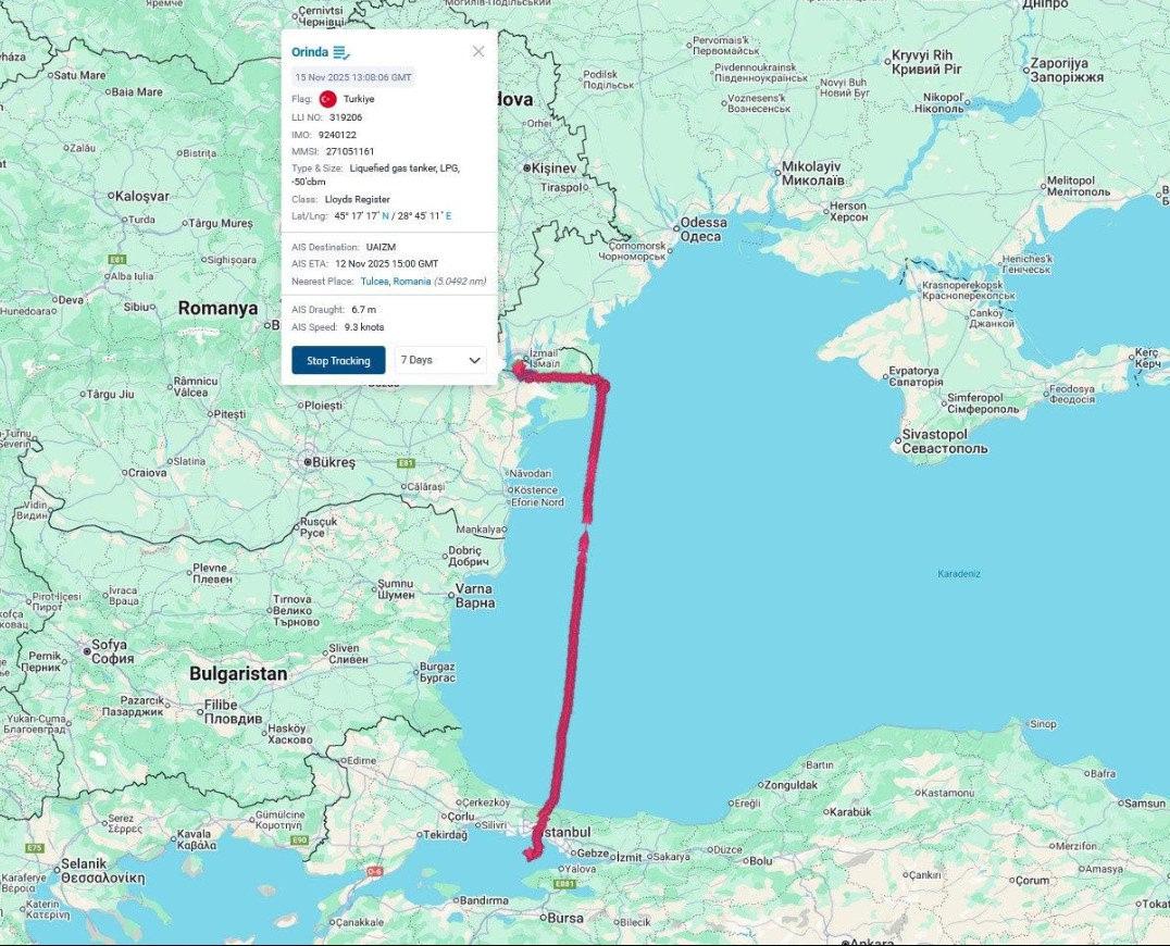 ORINDA gemisinin güzergahını gösteren harita (Kaynak: Denizcilik Genel Müdürlüğü)