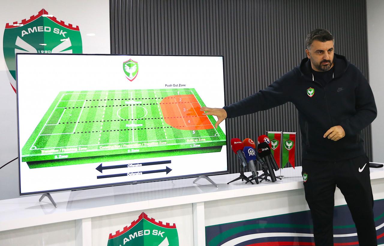 Amed Sportif Faaliyetler Teknik Direktörü Sinan Kaloğlu, Şehmus Özer Tesisleri'nde düzenlenen basın toplantısında, takımın formuna ilişkin sunum yaparak, açıklamalarda bulundu.