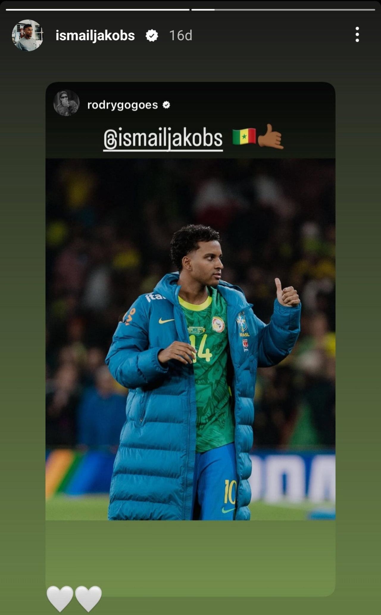 Jakobs'un Instagram'da Rodrygo paylaşımı