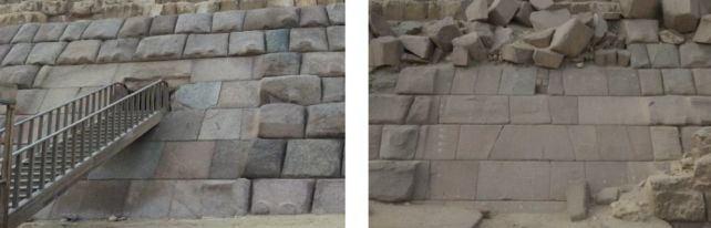 Menkaure piramidinin kuzey girişi (solda) ve doğu yüzündeki benzer şekilde cilalanmış bölüm